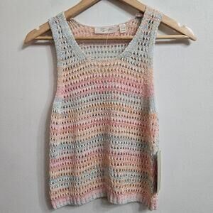 NWT RD Style Womens Pastel Rainbow Open Knit Tank Top Size M Striped Semi Sheer